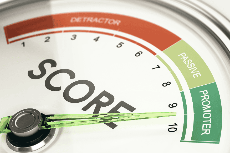 Medidor de score de crédito com faixas indicando os níveis de "Detrator", "Passivo" e "Promotor", visualizando a pontuação de crédito.