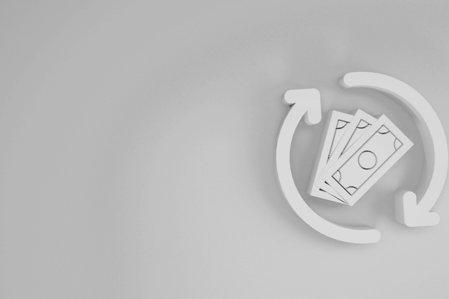 Processo de chargeback representado por setas de reembolso em torno de cédulas, simbolizando contestação de compra no cartão