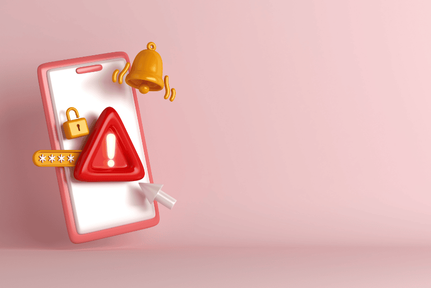 Ilustração de alerta em smartphone com ícone de cadeado, senha e sino de notificação, simbolizando sinais de fraude em negociações de dívidas.