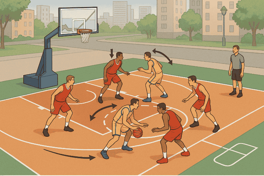 Ilustração tática de uma partida de basquete 3×3, com jogadores se movimentando e setas indicando posicionamento e marcação.
