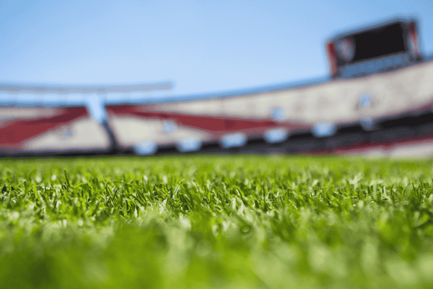 Close no gramado de estádio com arquibancadas desfocadas sob céu azul.