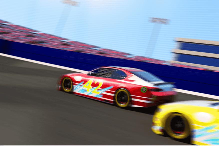 Carro vermelho de Stock Car número 42 em alta velocidade em circuito oval.