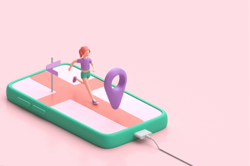 Arte digital de mulher correndo sobre tela de smartphone com ícone de localização