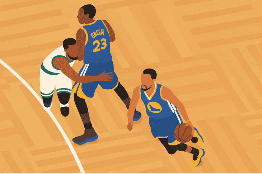 Ilustração vetorial de jogada de pick and roll no basquete com jogador dos Warriors driblando e companheiro fazendo bloqueio.