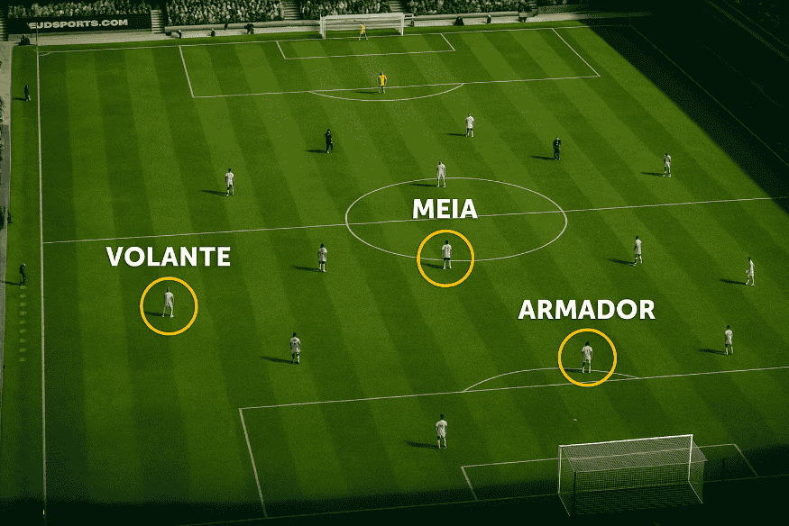 Imagem aérea de um campo de futebol com todos os jogadores de um time posicionados. Três atletas no meio-campo estão destacados com círculos e rótulos: "Volante", "Meia" e "Armador".