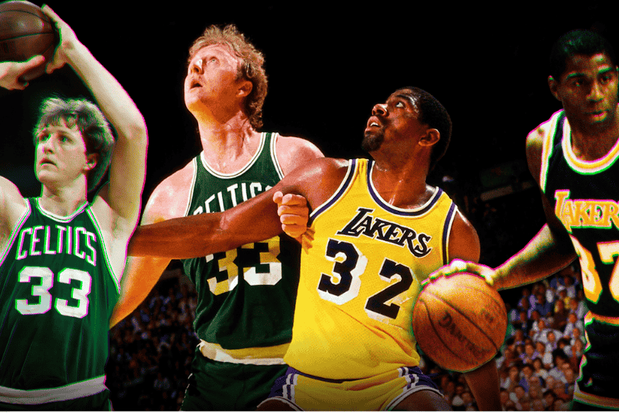 Montagem com lances de Larry Bird e Magic Johnson durante clássicos entre Boston Celtics e Los Angeles Lakers na NBA.