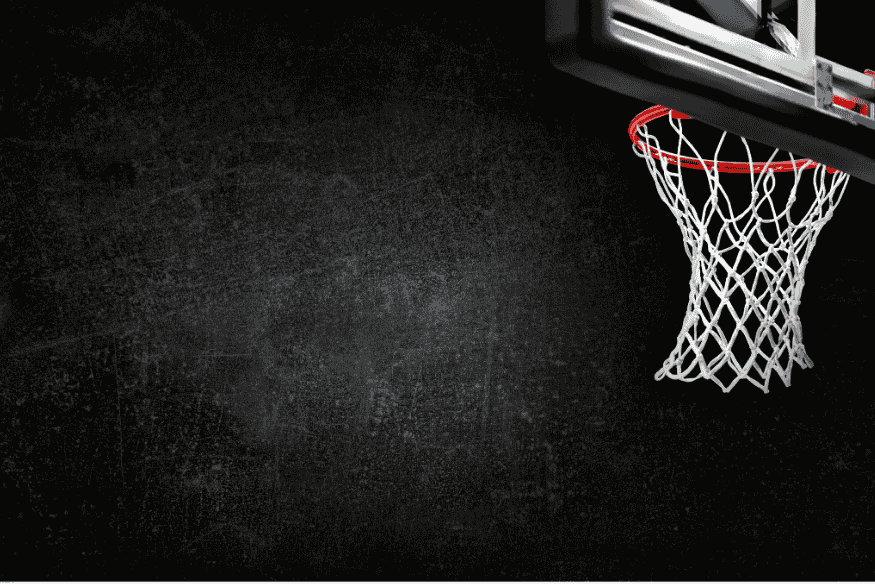 Aro de basquete com rede branca em destaque sobre fundo escuro e textura áspera.