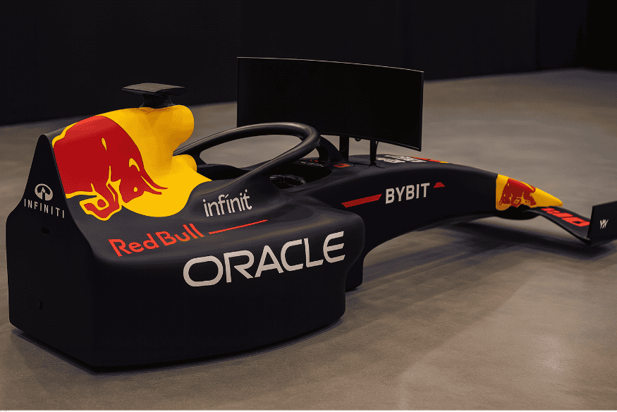 Simulador Red Bull de Fórmula 1 com pintura oficial e tela frontal para treinos.