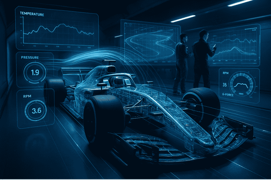 Carro de Fórmula 1 digitalizado com gráficos de temperatura, pressão e RPM.