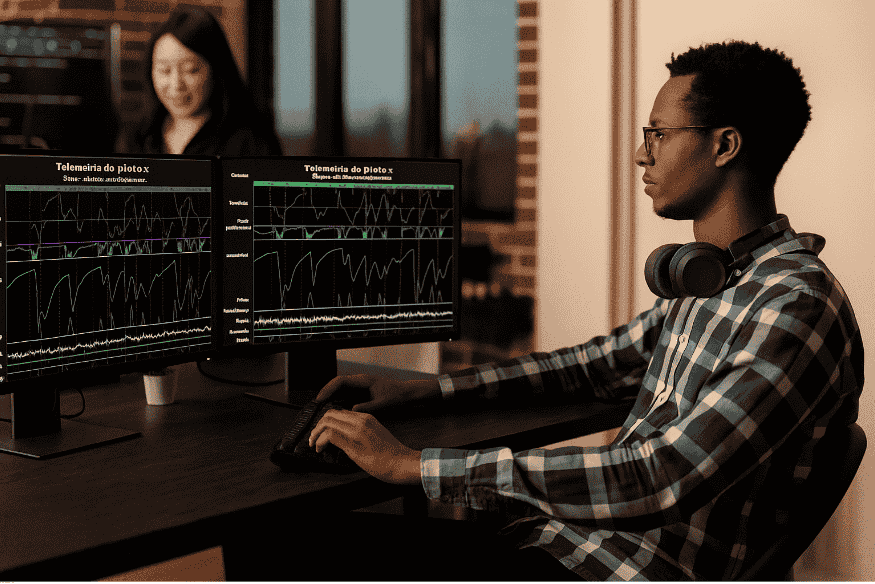 Engenheiro analisando gráficos de telemetria em dois monitores.