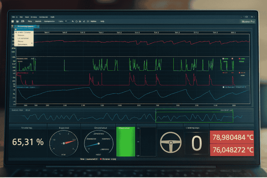 Tela de computador exibindo gráficos e parâmetros de desempenho automotivo.
