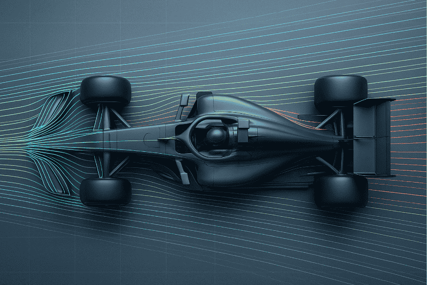 Visualização superior de um carro de Fórmula 1 com linhas de fluxo aerodinâmico representadas em cores ao redor da carroceria.