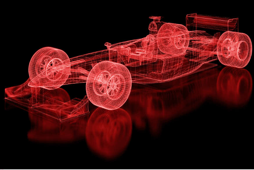 Ilustração em malha 3D de um carro de Fórmula, exibindo detalhes internos e estrutura aerodinâmica.