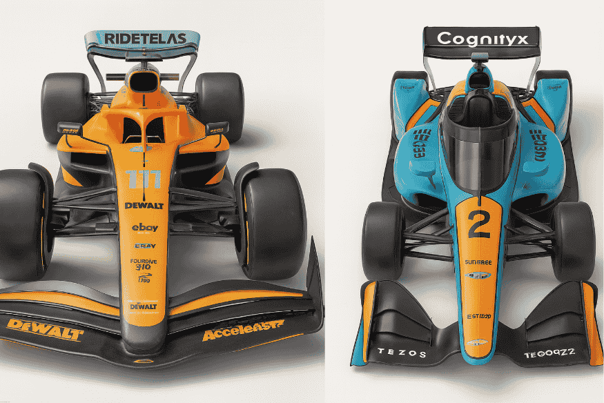 Vista superior comparando um carro de Fórmula 1 laranja e um carro de IndyCar azul com laranja.