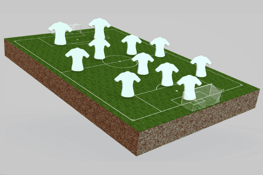 Formação tática 4-4-2 representada em campo com camisas distribuídas em quatro linhas: defesa, meio-campo e ataque.