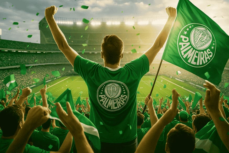 Torcida do Palmeiras lota estádio com camisas e bandeiras verdes em clima de celebração durante partida.