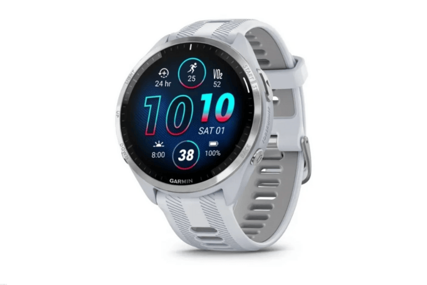 Relógio Garmin Forerunner 965 branco exibindo VO2 máximo, bateria e calendário