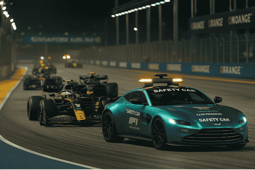 Carro de segurança Aston Martin liderando carros de Fórmula 1 em pista iluminada à noite.