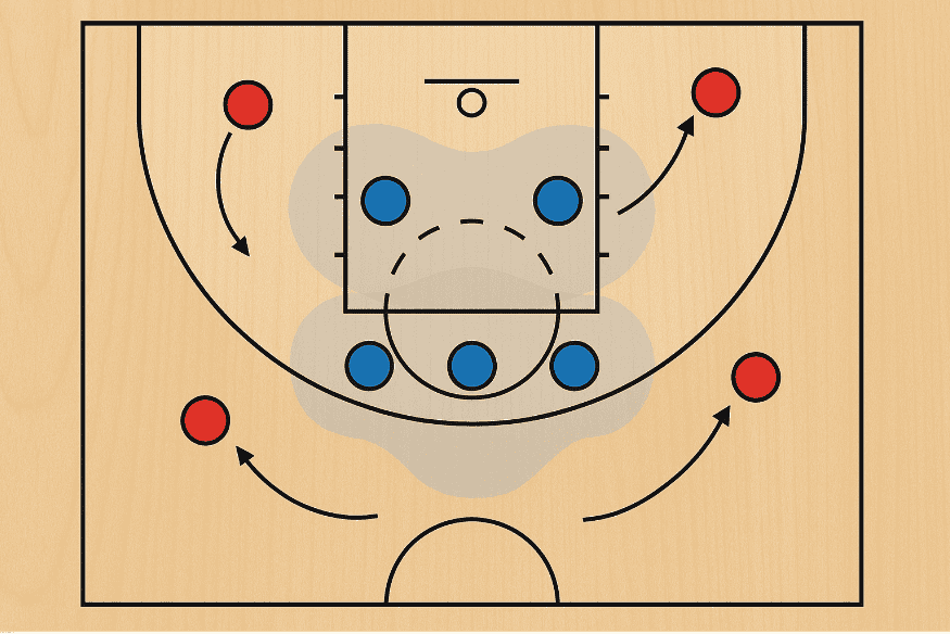 Diagrama tático de defesa mista no basquete, com combinação de marcação por zona e individual.