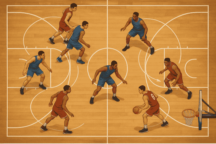 Ilustração de jogadores em quadra aplicando marcação individual no basquete.
