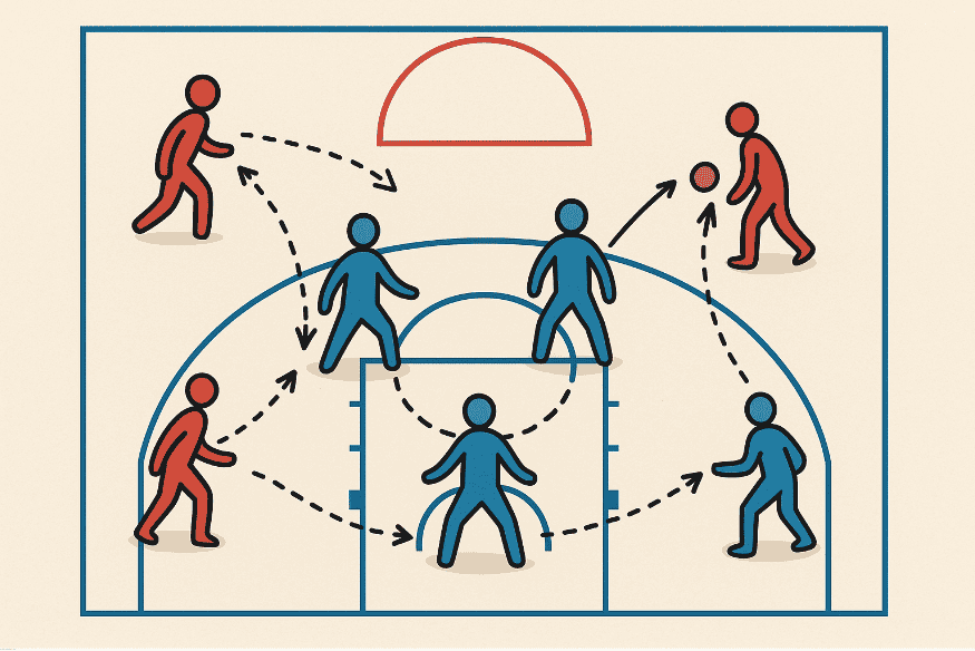 Ilustração tática de defesa por zona no basquete, com jogadores defendendo áreas específicas da quadra.